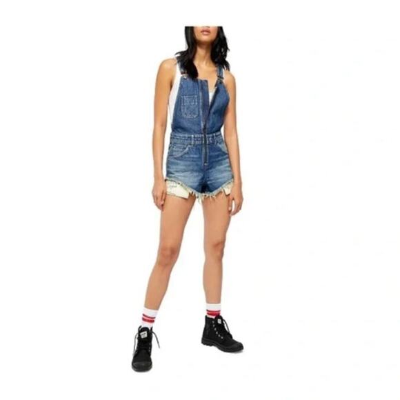 Free People Sunkissed Denim Short Overalls Zipper Front Women's 10 Shortalls - Picture 2 of 13